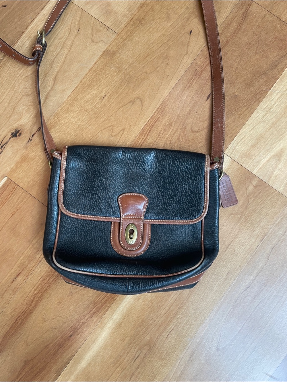 Leather Crossbody Bag - Black with Brown Trim